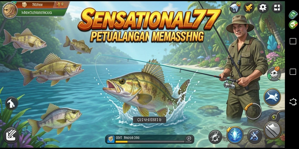 Gameplay SENSATIONAL77 dengan aksi memancing di laut.